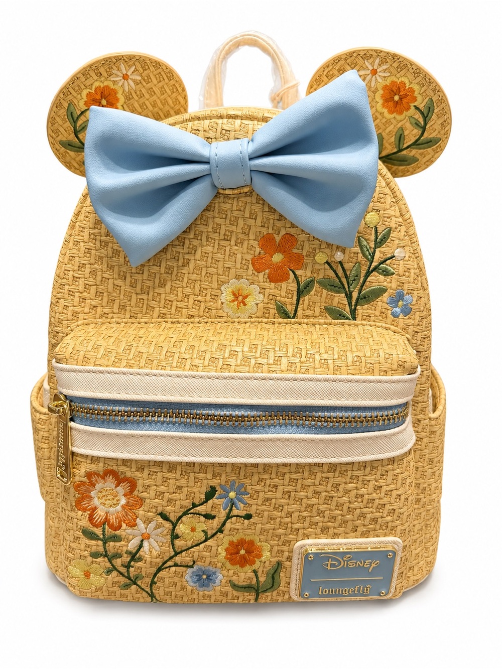 Disney Loungefly Minnie Mouse Floral Straw Embroidered Mini Backpack Blue Bow